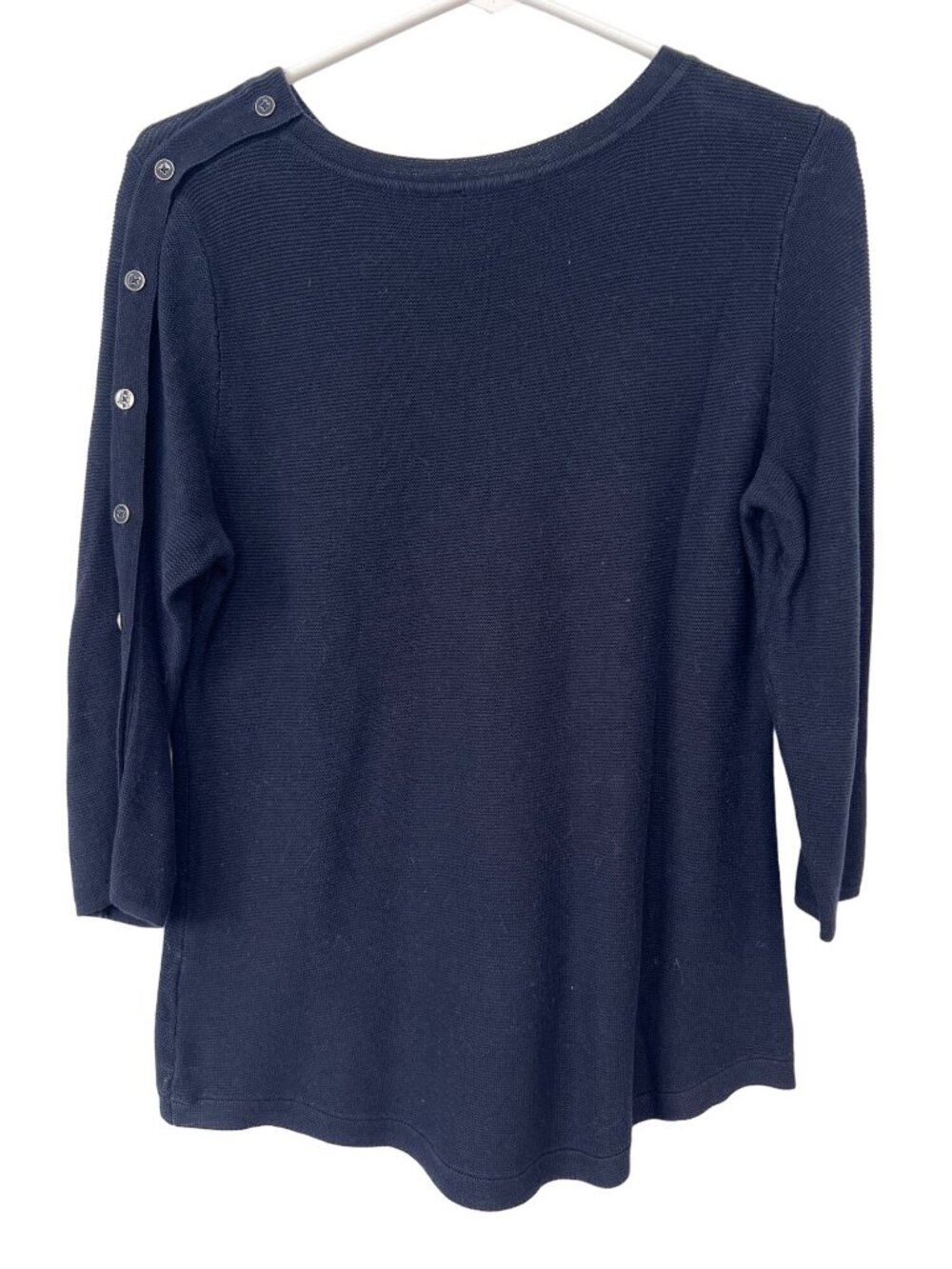 Talbots Button 3/4 Sleeve Sweater Size M Petite Navy Blue Cotton Rayon Cozy Knit - Picture 2 of 7